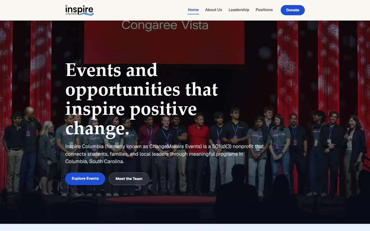 Inspire Columbia homepage introducing its community events and opportunities